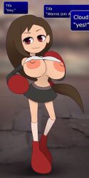 1girls :3 areolae big_areola big_eyes big_head big_nipples boxing_gloves breasts chibi crop_top female fighting_gloves final_fantasy final_fantasy_vii front_view full_body gameplay_mechanics huge_areolae huge_breasts huge_nipples metachoke midriff neoteny nipple_slip nipples no_nose playstation_1 puffy_nipples pulling_shirt pulling_shirt_up pulling_up_shirt red_footwear shirt_up skirt smug solo text text_box tifa_lockhart toony