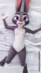 3d_(artwork) 9:16 bed bed_sheet bedding bedding_background bedroom_eyes breasts buckteeth digital_media_(artwork) disney female flat_chest furniture genitals hi_res judy_hopps lagomorph leporid lying mammal narrowed_eyes nipples nude on_back pussy rabbit rabbitholes seductive small_breasts smile solo teeth wide_eyed zootopia