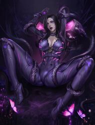 athletic_female big_breasts bodysuit dark_hair human kai'sa league_of_legends light-skinned_female light_skin liu_meixing_(artist) long_hair open_mouth purple_eyes realistic riot_games tagme tentacle