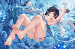 arm_up armpits ass bangs barefoot black_hair blue_eyes breasts cum cum_in_pussy female fingerless_gloves genshin_impact gloves highres legs looking_at_viewer nipples nude pussy short_hair soles solo those_girls toes underwater yelan_(genshin_impact)