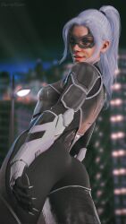 1girls 3d ass black_cat_(marvel) clothed daintydjinn felicia_hardy female female_only fully_clothed looking_at_viewer looking_back marvel marvel_comics smile solo spider-man_(ps4) spider-man_(series) thick_ass tight_clothing white_hair