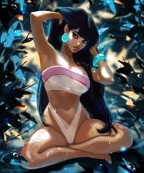 black_hair blue_eyes chel dark-skinned_female dreamworks hourglass_figure long_hair looking_at_viewer melanin sitting solo tattiart the_road_to_el_dorado thick_thighs thong tubetop voluptuous