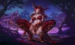 1girls 2022 alexstrasza armor athletic_female choker detailed_background dragon dragon_girl dragon_horns female female_only gloves hand_on_crotch hi_res high_heel_boots high_heels horns humanoid light-skinned_female light_skin long_hair looking_at_viewer milf narrowed_eyes realistic red_hair red_lips solo solo_female squatting stiletto_heels thick_thighs tixnen very_high_heels warcraft world_of_warcraft yellow_eyes