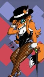 anthro ass big_breasts big_butt breasts canid canine clothed clothing elegant fem female female/female female_fox fluffy fox foxchen hat headgear headwear humanoid mammal night nightclub pinup pose rubber rubber_clothing rubber_suit smile solo suit suite