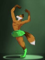 3:4 absurd_res anthro ballerina ballet bodily_fluids bottomwear bulge canid canine clenched_teeth clothing dancewear dancing embarrassed epic_games fennix_(fortnite) footwear fortnite fox furry genital_fluids green_background hi_res leaking male mammal precum ryme shoes showing_teeth simple_background skirt solo spotlight teeth tutu video_games