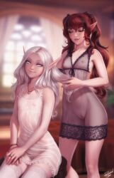 2girls artist_name babydoll bare_arms bare_shoulders black_hair blue_eyes blurry blurry_background bracelet breasts brown_hair cleft_of_venus elf female female_only flat_chest fleur_ladouce_(personalami) freckles hairless_pussy half-closed_eyes high_elf highres indoors jewelry lingerie long_hair lorisa_leydorel mole mole_on_breast mole_under_mouth multicolored_hair multiple_girls navel necklace negligee nipples nipples_visible_through_clothing no_panties original parted_lips personalami pointy_ears pussy red_hair ring see-through shaved_crotch shaved_pussy sitting small_breasts smile standing stockings streaked_hair thighhighs transparent_clothing true_flat_chest twintails uncensored vagina white_hair white_legwear wholesome world_of_warcraft yuri