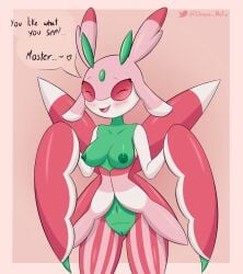 2022 anthro areola arthropod blush breasts closed_eyes clothed clothing dialogue digital_media_(artwork) dmoon elemental_creature english_text female flora_fauna generation_7_pokemon genitals green_body green_nipples heart hi_res insects lurantis nintendo nipples nude open_mouth pink_body plant pokemon pokemon_(species) pussy question_mark simple_background smile solo speech_bubble text thick_thighs white_body wide_hips