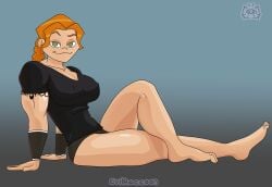 barefoot big_breasts evil_raccoon feet freckles green_eyes legs metal_family muscles muscular muscular_female ponytail red_hair russian smile smiling_at_viewer tattoo tattooed_arm thick_thighs toes victoria_(metal_family)