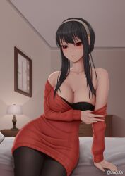 assassin bed bedroom black_hair bra dagu dagudr daguya_draws pantyhose red_eyes spy_x_family sweater thorn_princess yor_briar yor_forger