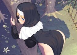 against_tree ass_focus barely_clothed bent_over big_ass big_breasts blonde_hair blue_eyes blush female female_only looking_at_viewer looking_back nun sakimori_dan wide_hips