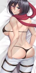 1girls ass attack_on_titan bra breasts dakimakura female female_only leg_belt looking_at_viewer looking_back mikasa_ackerman moe_market solo thigh_belt thigh_strap thong