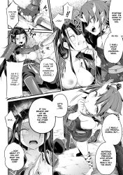 armor big_breasts breasts_out censored defeated doujinshi english_dialogue english_text harusame headband horns kimono long_hair monochrome oni original samurai short_hair small_breasts sweat sweatdrop sword torn_clothes translated yuri