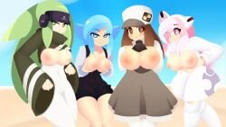 ami_(gwain_saga) beach big_ass big_breasts bikini blue_eyes blue_hair breasts brown_eyes brown_hair deva_(gwain_saga) exposed_breasts geoexe green_eyes green_hair group gwain_saga insane_okamy lanney marlow nipples pink_eyes pink_hair thick_thighs thighs thin_waist