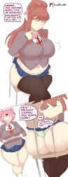 2girls ass belly big_ass big_belly big_breasts big_butt blue_skirt breasts brown_hair bubble_butt chair chubby chubby_female clothing cookie dialogue doki_doki_literature_club fat_ass fat_butt female female_only green_panties inner_monologue lewddoodler miniskirt monika_(doki_doki_literature_club) natsuki_(doki_doki_literature_club) panties pink_hair school_uniform sitting skirt snacks text text_bubble thick thick_ass thick_thighs thighhighs thought_bubble tight_clothing tight_fit weight_gain wide_hips