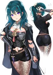 angry armor ass back_view belly_button big_breasts blue_eyes breasts byleth_(fire_emblem) byleth_(fire_emblem)_(female) cape corset curvy dagger fire_emblem fire_emblem:_three_houses hand_on_hip hi_res looking_at_viewer medium_hair nintendo ormille pantyhose pointer shorts teal_hair