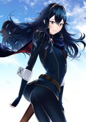 1girls ameno_(a_meno0) ass belt blue_eyes blue_hair blue_sky cape female female_only fire_emblem fire_emblem_awakening long_hair looking_at_viewer lucina_(fire_emblem) nintendo pants presenting_hindquarters scabbard sky small_breasts solo sword tiara tight_clothing tight_pants