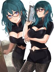 belly_button big_breasts black_clothing blue_eyes breast byleth_(fire_emblem) byleth_(fire_emblem)_(female) cleavage door fire_emblem fire_emblem:_three_houses glasses hi_res looking_at_viewer medium_hair nintendo ormille pantyhose paper skirt teacher teal_hair turtleneck