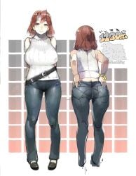 1girls abstract_background ass ass_cleavage ass_focus bangle belt bracelet breasts brown_hair butt_crack cute denim female full_body grey_eyes highres jeans jewelry large_breasts long_hair mature_female multiple_views namaniku_atk original pants pantylines ribbed_sweater sleeveless sleeveless_turtleneck standing sweater turtleneck