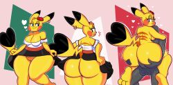 absurd_res anthro ass bedroom_eyes big_butt blackmore bottomwear breasts butt_grab cleavage clothed clothing clothing_lift cosplay_pikachu dress ear_piercing ear_ring female flower hand_on_butt hi_res holding_butt looking_at_viewer looking_back looking_pleasured male male/female mexican mexican_dress narrowed_eyes nintendo no_underwear piercing pikachu plant pokémon_(species) pokemon presenting presenting_hindquarters raised_tail rose_(flower) seductive skirt skirt_lift thick_thighs upskirt video_games yellow_body