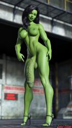 1futa 3d black_hair blurry_background breasts erection futa_only futanari green_skin high_heels huge_cock large_breasts lewdfutasy long_hair looking_at_viewer muscular_futanari naked_footwear naked_heels nude parted_lips pointing_at_penis solo standing