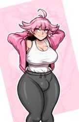 1futa ahoge big_breasts bulge bulge_through_clothing clothed clothing curvy flaccid fully_clothed futa_only futanari highres horny human light-skinned_futanari light_skin penis penis_bulge penis_under_clothes pink_eyes pink_hair short_hair solo solo_futa standing sunk118 thick_thighs tight_clothing wide_hips