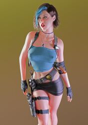 1girls artist_request belly_button belly_button_piercing belt black_skirt blue_eyes blue_g-string blue_hair blue_panties blue_thong blue_topwear brown_hair clothed_female collar crop_top dog_tags exposed_panties exposed_thong fingerless_gloves g-string gloves jill_valentine jill_valentine_(sasha_zotova) leg_holster leg_strap light-skinned_female lipstick midriff miniskirt navel_piercing nipple_bulge nipples_visible_through_clothing open_mouth panties panties_showing police_badge red_lipstick resident_evil resident_evil_3 seductive_look short_hair shoulder_holster skimpy skimpy_clothes slutty_outfit solo streaked_hair thong thong_above_skirt thong_panties thong_straps tongue tubetop underwear underwear_exposed