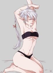 alisaie_leveilleur bandeau bed bedroom black_bra black_panties blush breasts color_edit earrings elezen elf elf_ears elf_female elf_girl female female_only final_fantasy final_fantasy_xiv hand_on_head lipstick misusage nipple_bulge pale-skinned_female pale_skin pointy_ears red_ribbon see-through_clothing sitting solo square_enix thick_thighs tubetop underboob underwear waking_up white_background white_hair whitecherry