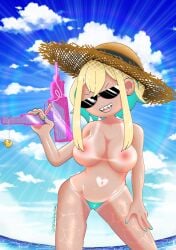 amano_pikamee beach big_breasts bikini bikini_bottom blonde_hair roy_the_demon_reaper sharp_teeth solo_female straw_hat sunglasses tan_skin tanline tinted_eyewear virtual_youtuber voms_project water_gun