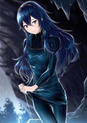 1girls ameno_(a_meno0) blue_eyes blue_hair bodysuit cave fire_emblem fire_emblem_awakening long_hair looking_back lucina_(fire_emblem) nintendo rain smile solo tiara tight_clothing wet wet_clothes