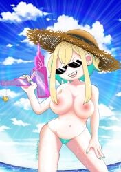 amano_pikamee beach big_breasts bikini bikini_bottom blonde_hair casual_nudity casual_topless roy_the_demon_reaper sharp_teeth solo_female straw_hat sunglasses tinted_eyewear virtual_youtuber voms_project water_gun