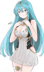 1girls aqua_hair armor bangs big_sister blush breasts cape cleavage cosplay dress eirika_(fire_emblem) embarrassed female female_only fire_emblem fire_emblem:_the_sacred_stones hair_ornament highres jewelry kgctcg large_breasts long_hair looking_at_viewer mythra_(xenoblade)_(cosplay) nintendo no_bra no_panties no_underwear onee-chan revealing_clothes short_dress simple_background solo solo_female xenoblade_chronicles_(series) xenoblade_chronicles_2