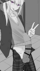 1boy 2022 bangs bar_censor blazer blush bulge censored collared_shirt dainamaito_kohi dynamite_coffee erection erection_under_clothes erection_under_shirt femboy greyscale holding large_penis long_hair looking_at_viewer male male_only monochrome open_pants pants penis plaid_pants ponytail purple_eyes selfie shirt smartphone smile solo spot_color standing sweater testicles tongue_out unzipped v v-neck