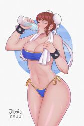 1girls 2022 bikini brown_hair capcom chun-li cleavage closed_eyes clothed clothed_female_nude_male clothes clothing drinking female female_only fit_female fully_clothed huge_breasts jibbie_(artist) revealing_clothes solo spiked_bracelet sports_bikini street_fighter swimsuit thick_thighs tubetop voluptuous