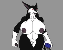 anthro big_breasts black_body black_fur breasts claws fangs female fur genitals holding_object karnator karnator_(artist) multicolored_body multicolored_fur muscular muscular_female nipples open_mouth pussy red_eyes sergal simple_background solo two_tone_body two_tone_fur white_body white_fur