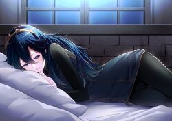 1girls ameno_(a_meno0) bed blue_eyes blue_hair curvy fire_emblem fire_emblem_awakening hips legs long_hair looking_at_viewer lucina_(fire_emblem) lying night nintendo pants pillow solo tiara tight_clothing tight_pants waist