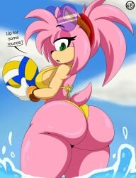 1girls amy_rose anthro ass ball big_ass bikini breasts clothing dat_ass dialogue female female_only furry glasses green_eyes hedgehog looking_at_viewer looking_back nr_ac partially_submerged pink_hair pink_skin sega sideboob solo sonic_(series) sonic_the_hedgehog_(series) sunglasses sunglasses_on_head swimsuit talking_to_viewer thick_thighs volleyball wading water yellow_bikini yellow_swimsuit