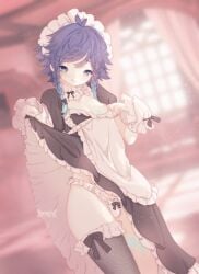 1boy :q blue_eyes blue_hair bulge chest_tattoo femboy genshin_impact gradient_hair licking_lips maid_headdress maid_uniform male male_focus male_only nipple nuupon panties skirt_lift skirt_lifted_by_self smile solo thighhighs tongue venti_(genshin_impact) white_panties