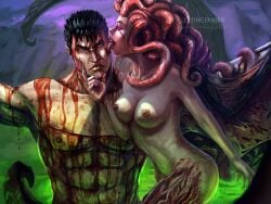 1boy 1girls arms_tied arms_up berserk blood breasts demon_girl female fleetingember green_hair guts_(berserk) humanoid large_breasts licking licking_face long_hair muscular_male nipples nude nude_female slan villainess white_skin wings