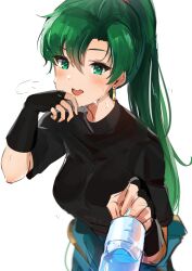 1girls black_clothing blush bottle breasts breath fingerless_gloves fire_emblem fire_emblem:_the_blazing_blade gloves green_eyes green_hair hi_res looking_at_viewer lyn_(fire_emblem) nintendo ormille panting ponytail solo steam steaming_body sweat sweaty