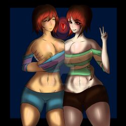 2d 2girls breast_grab brown_hair chara female female_only frisk human multiple_girls red_eyes rosy_cheeks sivanot tagme undertale undertale_(series) yuri