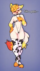 <3_eyes animal_print anthro bag_of_lewds blep blonde_hair blush blush_lines breasts clothed clothing clothing_aside clothing_lift cow_print female fur genitals hair half-closed_eyes heart hi_res humanoid_genitalia humanoid_pussy legwear long_ears multicolored_body multicolored_fur narrowed_eyes nipples orange_body orange_fur orange_hair paws pussy red_body red_fur small_breasts smile solo text thigh_highs tongue tongue_out topwear white_body yellow_body yellow_fur