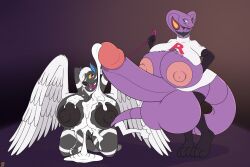 anthro arbok areola badgerben balls big_balls big_breasts big_penis black_areola black_nipples bodily_fluids bottomwear breasts clothing collar cum cum_covered cum_on_breasts cum_on_ground duo erection female genital_fluids genitals gloves grey_body gynomorph hair hands_behind_head handwear huge_balls huge_breasts huge_cock hyper hyper_balls hyper_breasts hyper_genitalia hyper_penis ineffective_clothing intersex intersex/female kneeling leash leash_pull leggings legwear logo looking_at_another messy nintendo nipples nude penis pink_areola pink_nipples pokémon_(species) pokemon purple_body pussy shirt skirt smile team_rocket topwear torn_clothing torn_shirt torn_topwear video_games white_hair wings zebstrika