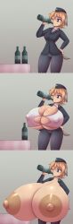 alcohol animal_ears bangs big_ass big_breasts black_jacket blue_legwear brave_witches breast_expansion breasts_bigger_than_body breasts_bigger_than_head breasts_bigger_than_torso brown_eyes brown_hair bursting_breasts clothing comic dog_ears dog_tail drinking enormous_breasts erect_nipples erect_nipples_under_clothes expansion eyebrows_visible_through_hair female gigantic_breasts huge_breasts hyper hyper_breasts jacket long_sleeves massive_breasts medium_breasts metachoke military military_uniform multiple_images one_eye_closed pantyhose short_hair simple_background solo standing strike_witches tagme torn_clothes uniform waltrud_krupinski world_witches_series