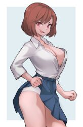 auburn_hair barely_contained blue_skirt breasts brown_hair button_down_shirt buttons character_request cleavage female female_focus female_only large_breasts lentiyay light-skinned_female light_skin looking_at_viewer medium_hair no_bra no_bra_under_clothes panties panties_under_skirt red_eyes red_hair school_uniform seductive_smile skirt skirt_lift smile tagme unbuttoned_shirt white_background white_shirt