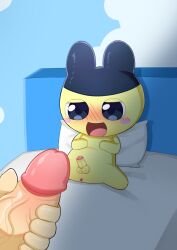 0227 1boy absurd_res anthro anus balls bed blue_eyes blush duo foreskin furniture genitals hand_on_penis hi_res human humanoid_genitalia humanoid_penis male male_only mametchi mammal on_bed open_mouth penis pillow spread_legs spreading tamagotchi vein veiny_penis yellow_body