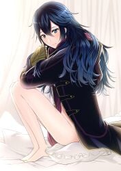 1girls ameno_(a_meno0) ass bare_legs bed blue_eyes blue_hair cloak coat curtains feet female female_only fire_emblem fire_emblem_awakening legs long_hair looking_at_viewer lucina_(fire_emblem) naked nintendo nude nude_underneath pillow robin_(fire_emblem)_(cosplay) sitting solo thighs wearing_partner's_clothes