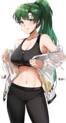 1girls belly_button big_breasts blush breasts cleavage earphones fire_emblem fire_emblem:_the_blazing_blade green_eyes green_hair hi_res hips jacket legs looking_at_viewer lyn_(fire_emblem) nintendo ormille pants ponytail solo sports_bra sportswear thighs tight_clothing tight_pants waist zipper zipper_down