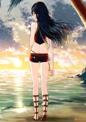 1girls ameno_(a_meno0) ass ass_cleavage back_view beach blue_eyes blue_hair butt_crack fire_emblem fire_emblem_awakening fire_emblem_cipher legs long_hair looking_at_viewer looking_back lucina_(fire_emblem) lucina_(summer)_(fire_emblem) nintendo ocean palm_tree sandals sea seaside small_ass smile solo sunset swimsuit thighs thin_waist tiara water