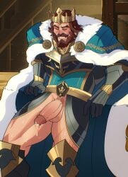 afk_arena arthur_(afk_arena) balls bara beard blush crown facial_hair gay male male_only muscles muscular penis revealyoursins solo solo_male sweaty