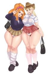 2girls adagio_dazzle applejack_(mlp) breasts child_bearing_hips female female_only friendship_is_magic gyaru huge_breasts human humanized looking_at_viewer my_little_pony sunnysundown thick_thighs white_background wide_hips